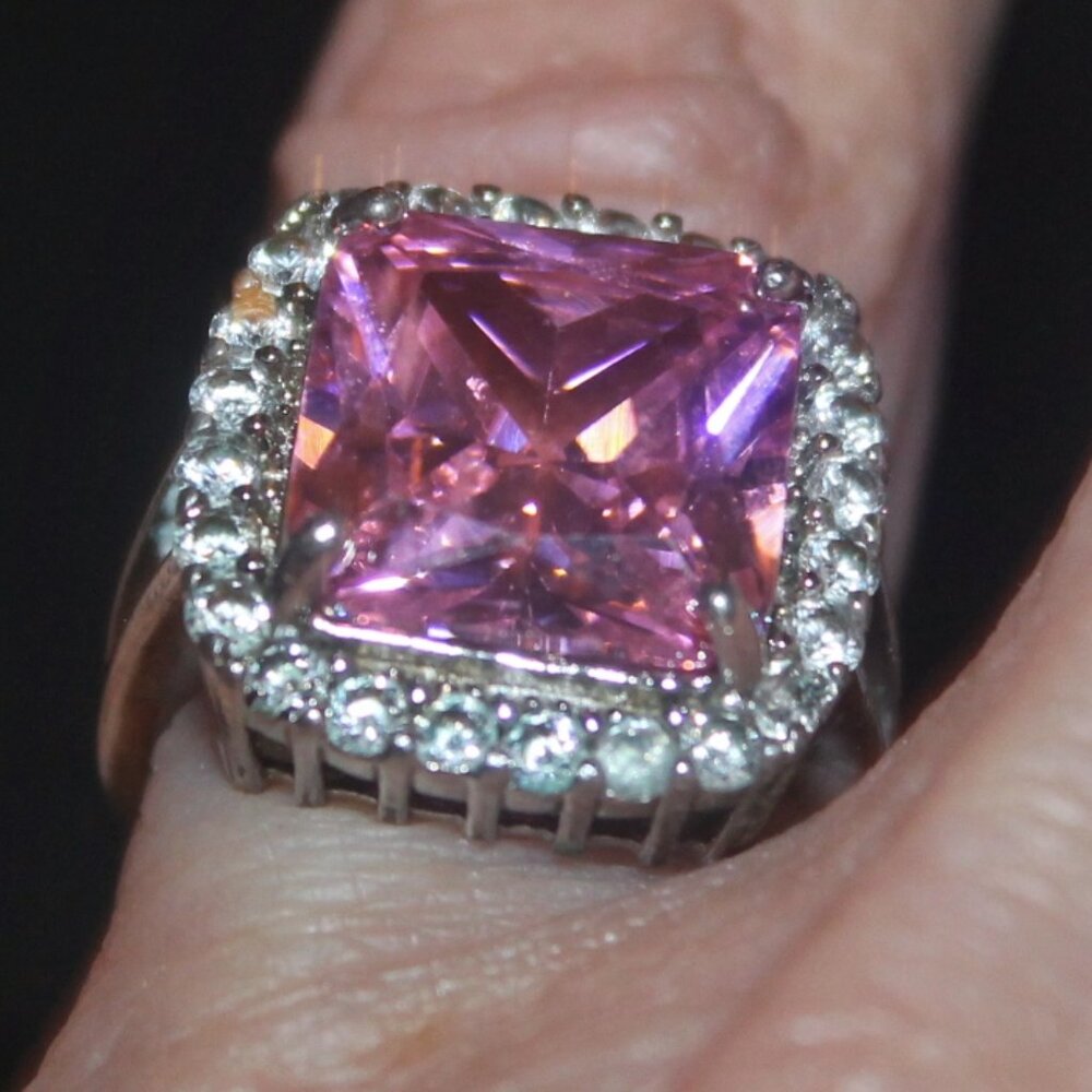 925 Sterling Large Pink Sapphire Surrounding stones Statement Cocktail Ring